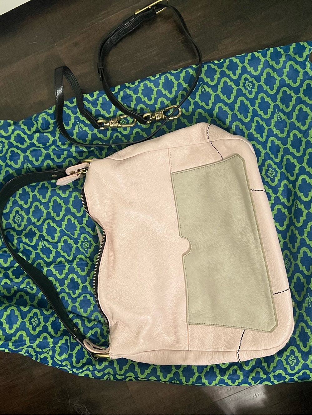 orYANY Blush Pink Leather Shoulder Bag with Sage Front Pocket